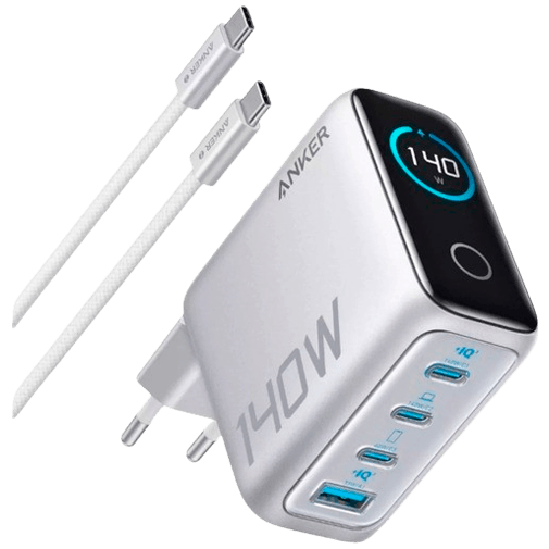 Anker USB 3-USB-C Snabbladdare 140W + Kabel Silver – Anker