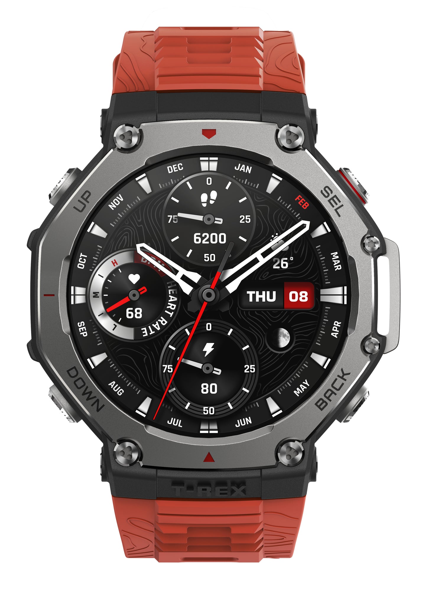 Amazfit T-Rex 3 Lava 3,81 cm (1.5") AMOLED 48.5 mm Digital 480 x 480 pixlar Pekskärm Svart, Rostfritt stål GPS