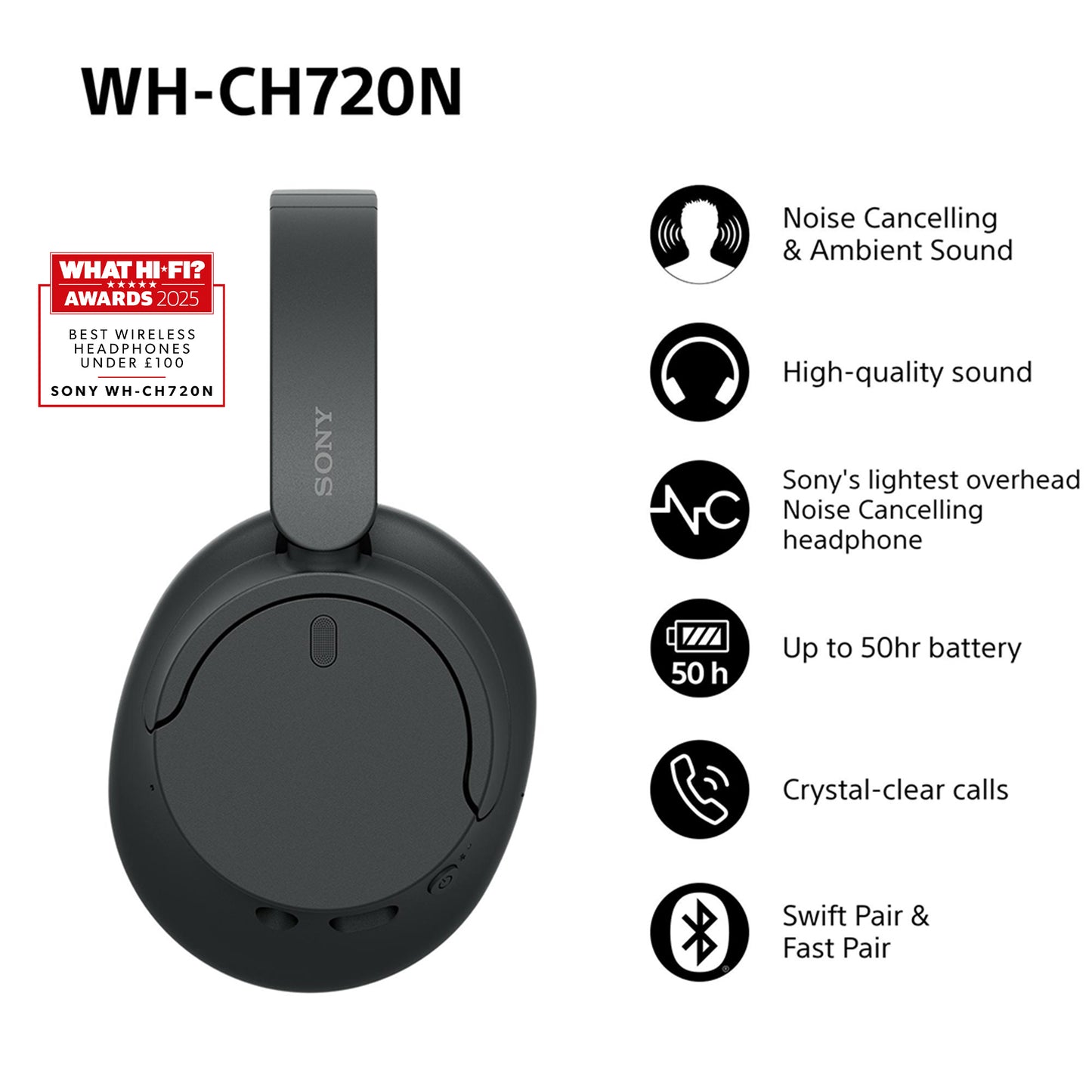 Sony WH-CH720 Headset Kabel & Trådlös Huvudband Samtal/musik USB Type-C Bluetooth Svart