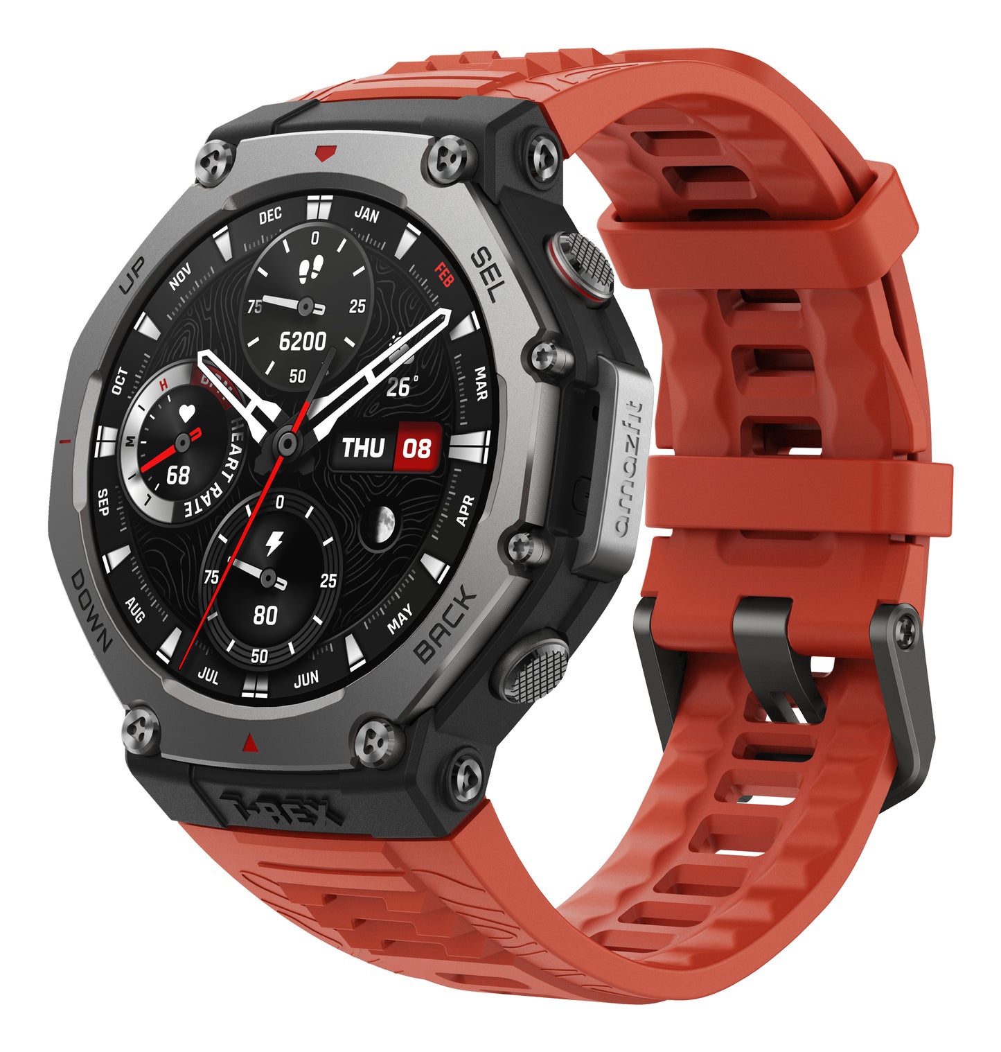 Amazfit T-Rex 3 Lava 3,81 cm (1.5") AMOLED 48.5 mm Digital 480 x 480 pixlar Pekskärm Svart, Rostfritt stål GPS