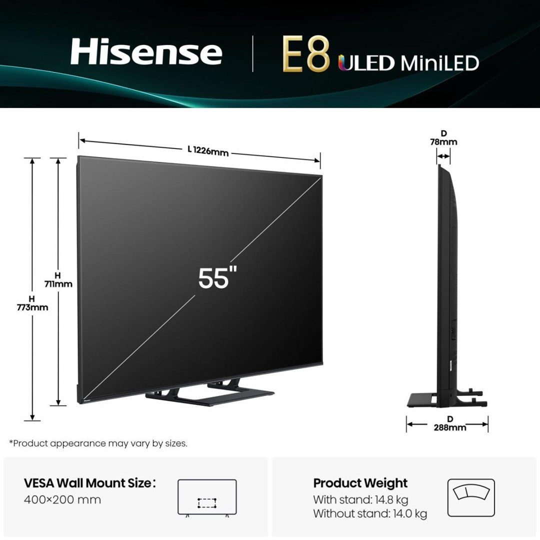 Hisense 55E8Q 139.7 cm (55") 4K Ultra HD Smart TV Wi-Fi Black, Grey 600 cd/m²