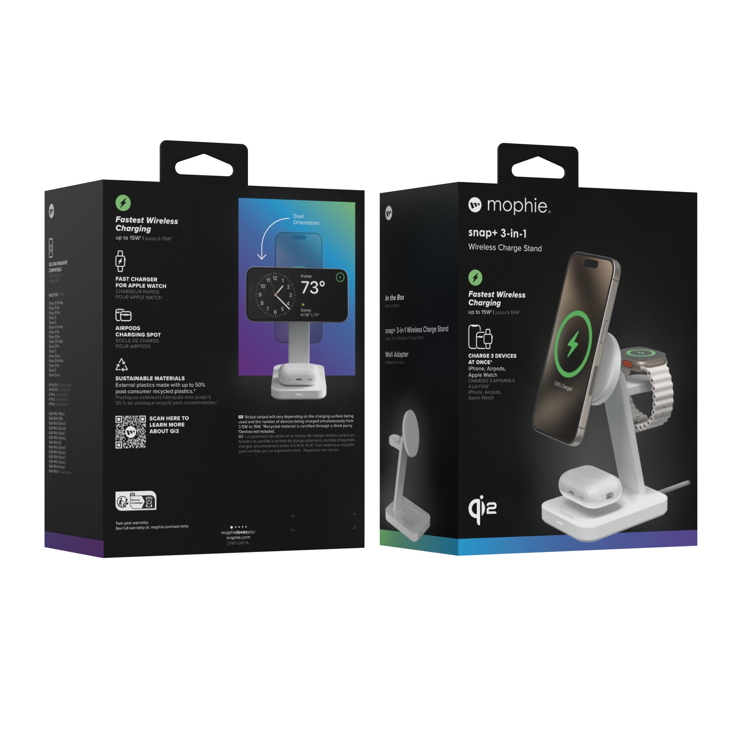 mophie Snap+ 3-in-1 Wireless Charge Stand Headset, Smartphone, Smartwatch Vit USB Trådlös laddning Snabb laddning inomhus