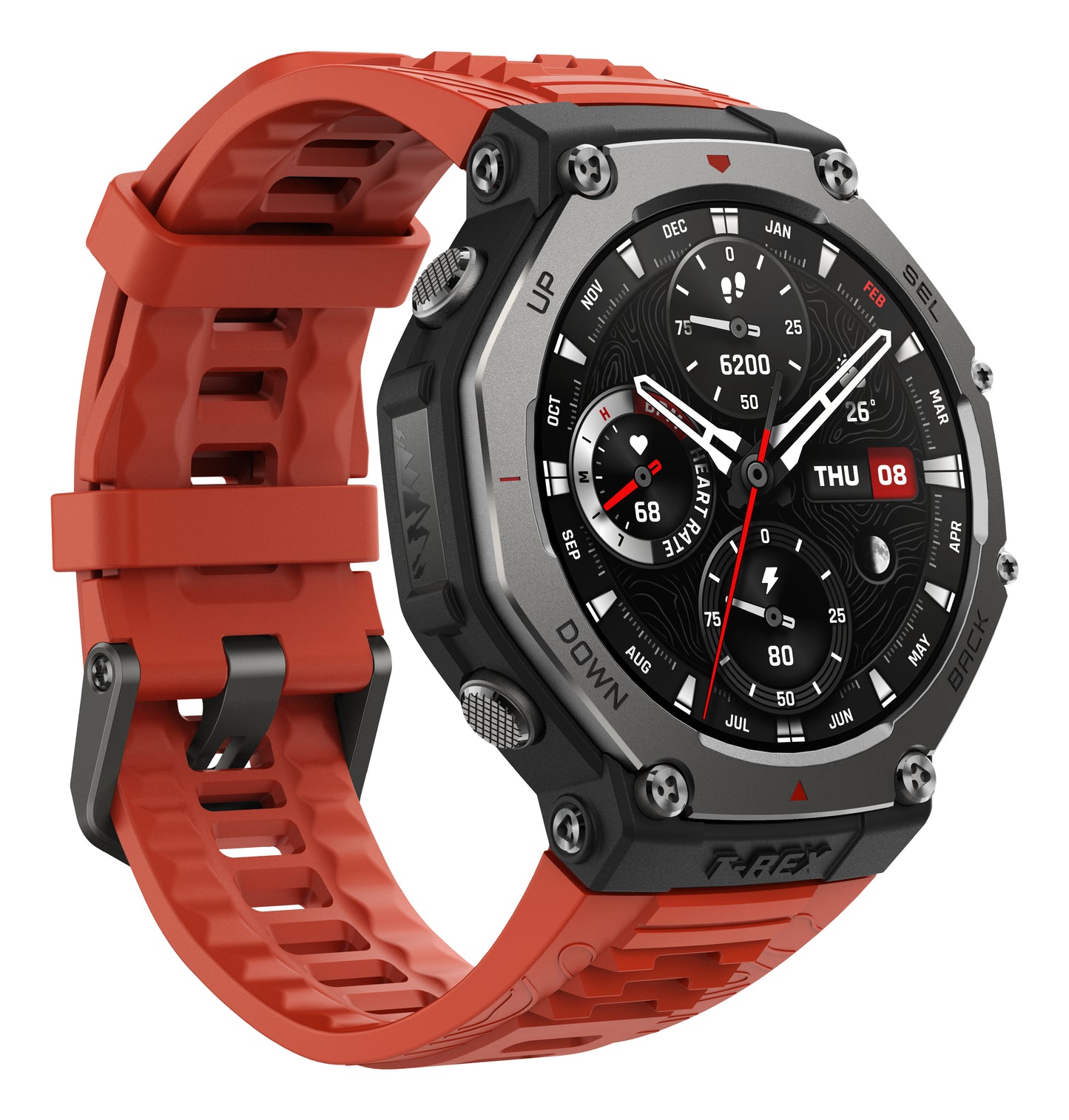 Amazfit T-Rex 3 Lava 3,81 cm (1.5") AMOLED 48.5 mm Digital 480 x 480 pixlar Pekskärm Svart, Rostfritt stål GPS