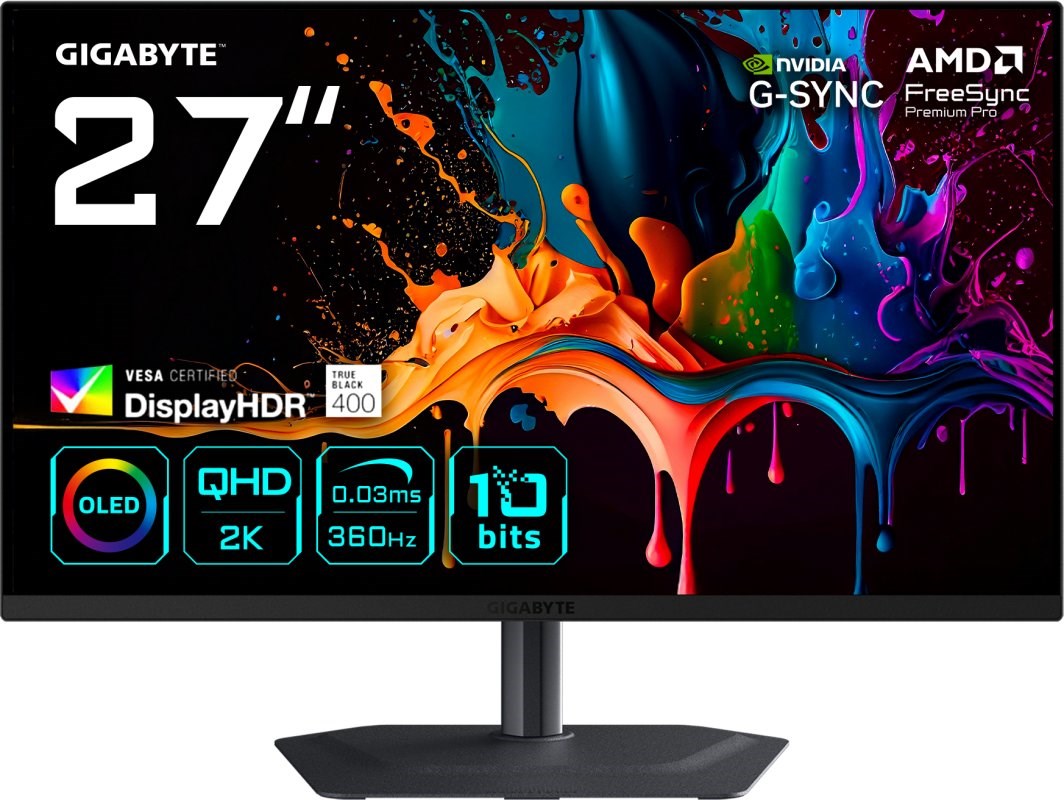 GIGABYTE MO27Q3 27” OLED QHD Gaming Monitor - 2560 x 1440, 360Hz, 0.03ms, 250 cd/m², G-Sync Compatible, FreeSync Premium Pro, Display HDR True Black 400, HDMI 2.1, Displayport 1.4